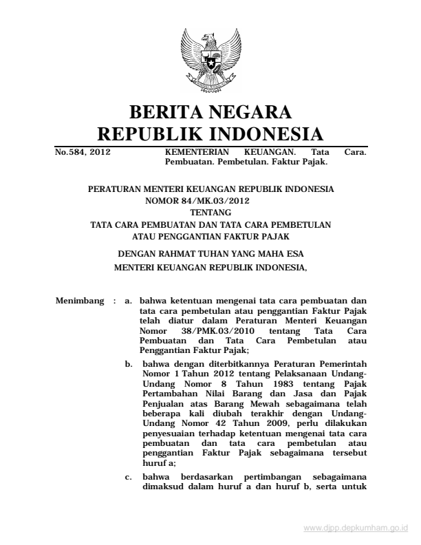 Peraturan Menteri Keuangan Nomor 84/PMK.03/2012
