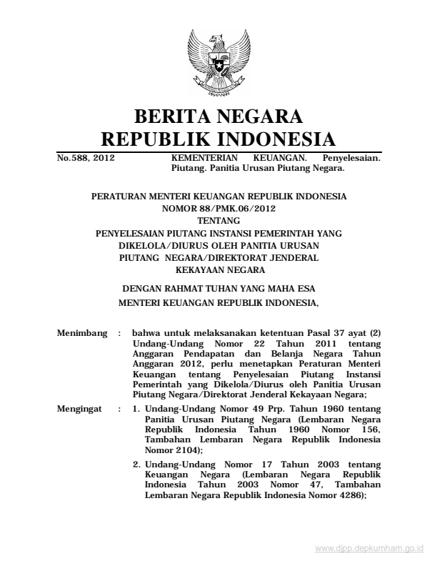 Peraturan Menteri Keuangan Nomor 88/PMK.06/2012