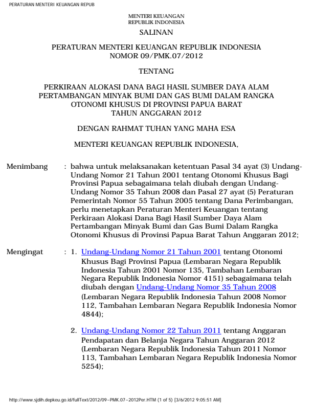 Peraturan Menteri Keuangan Nomor 09/PMK.07/2012