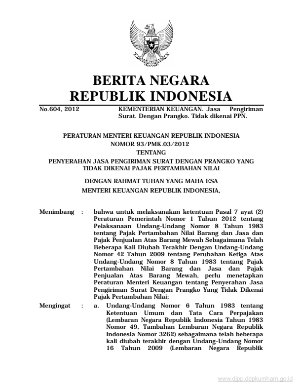 Peraturan Menteri Keuangan Nomor 93/PMK.03/2012