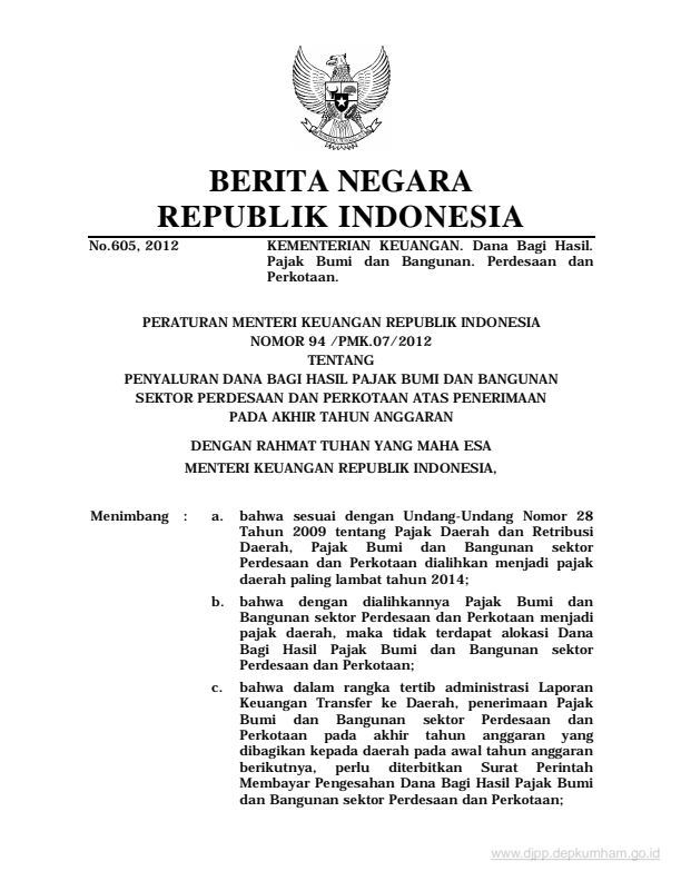 Peraturan Menteri Keuangan Nomor 94/PMK.07/2012