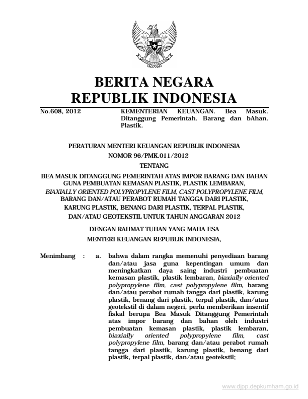 Peraturan Menteri Keuangan Nomor 96/PMK.011/2012