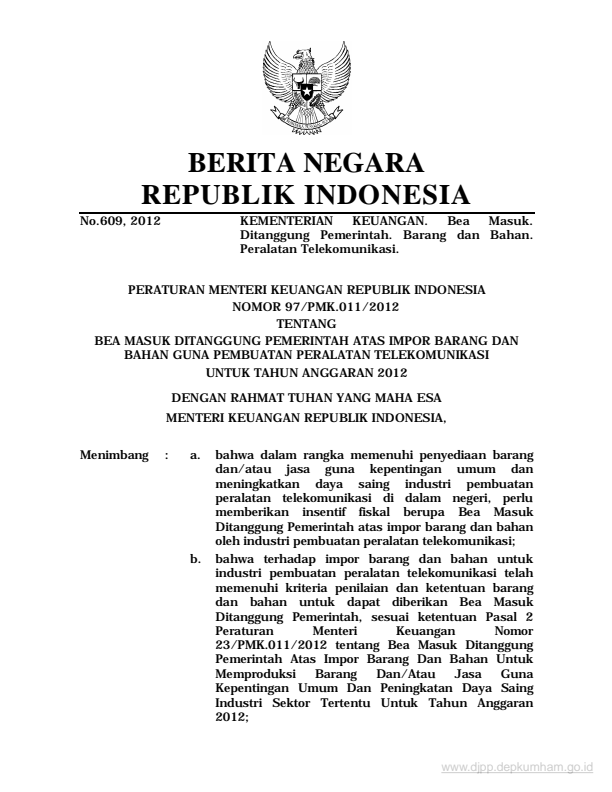 Peraturan Menteri Keuangan Nomor 97/PMK.011/2012