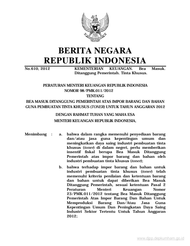 Peraturan Menteri Keuangan Nomor 98/PMK.011/2012