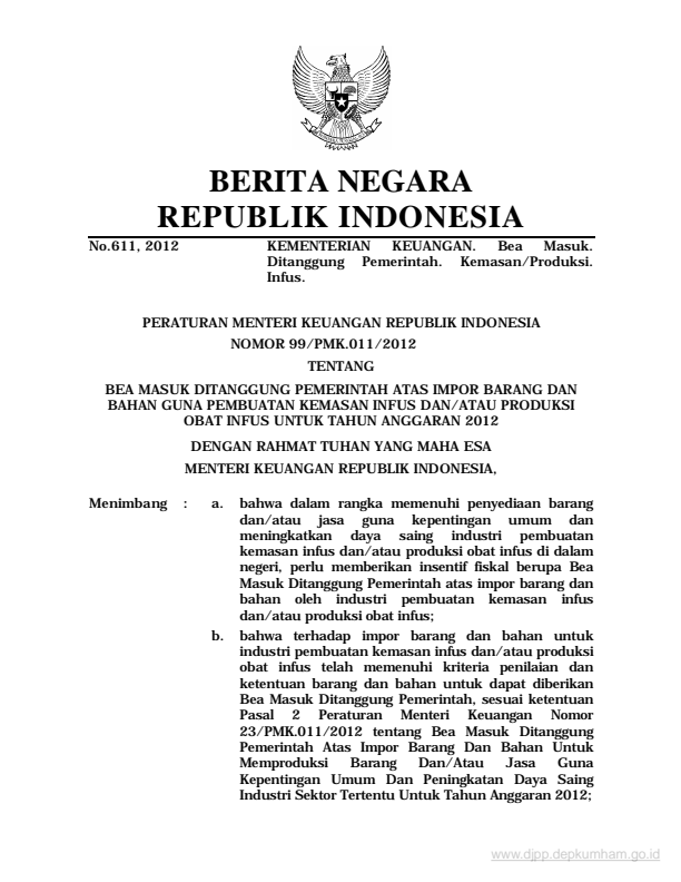 Peraturan Menteri Keuangan Nomor 99/PMK.011/2012