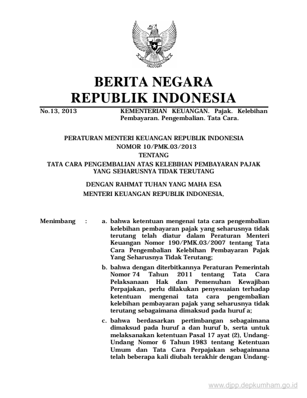 Peraturan Menteri Keuangan Nomor 10/PMK.03/2013