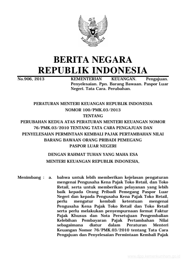 Peraturan Menteri Keuangan Nomor 100/PMK.03/2013