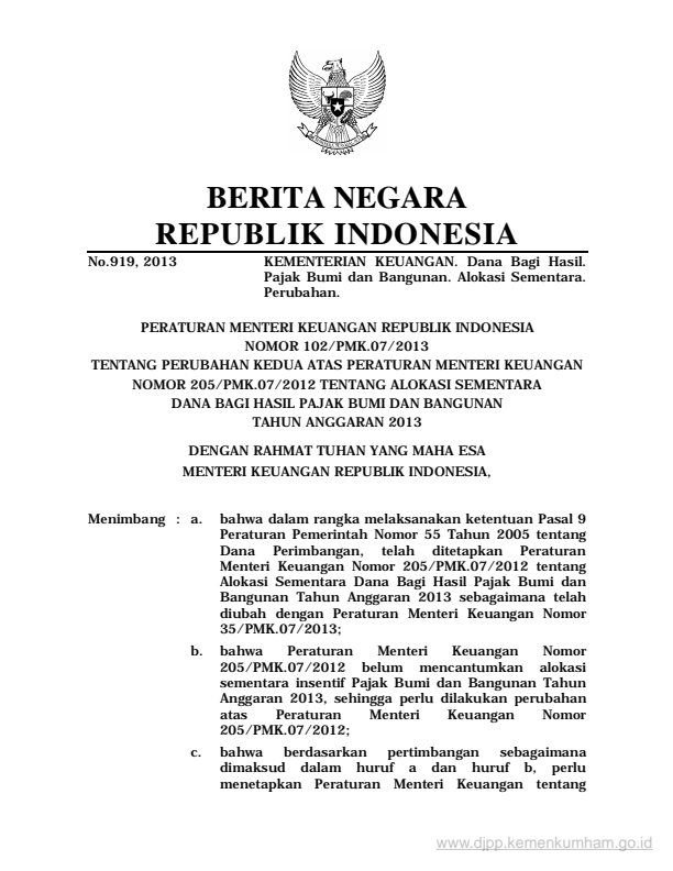 Peraturan Menteri Keuangan Nomor 102/PMK.07/2013