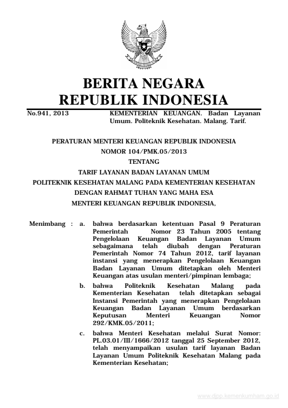 Peraturan Menteri Keuangan Nomor 104/PMK.05/2013