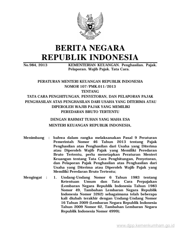 Peraturan Menteri Keuangan Nomor 107/PMK.011/2013