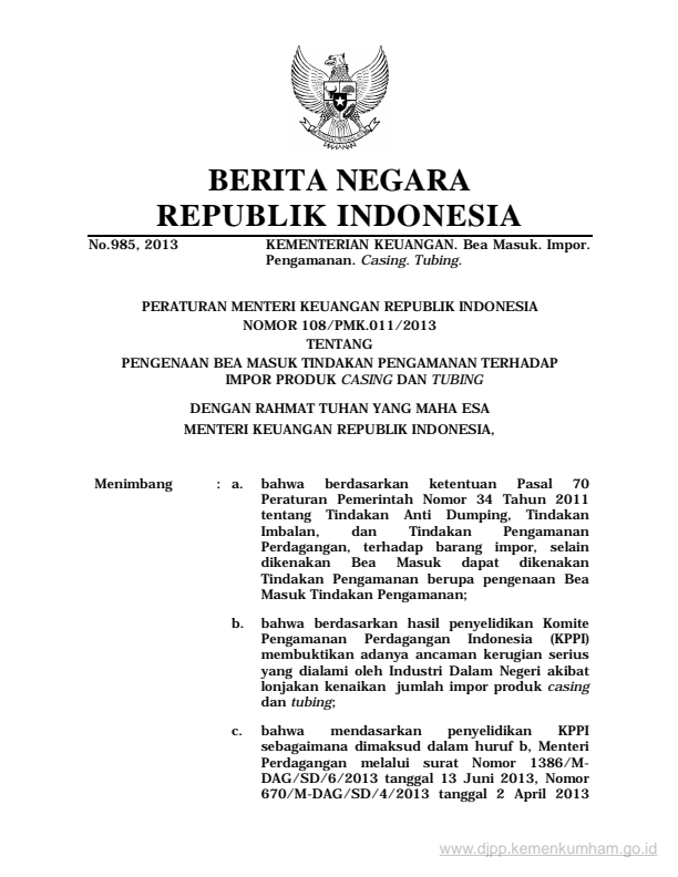 Peraturan Menteri Keuangan Nomor 108/PMK.011/2013