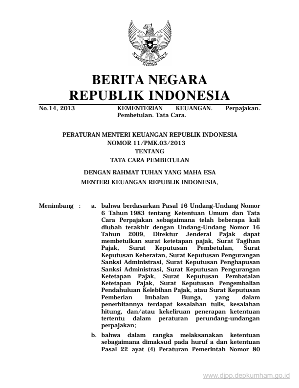 Peraturan Menteri Keuangan Nomor 11/PMK.03/2013