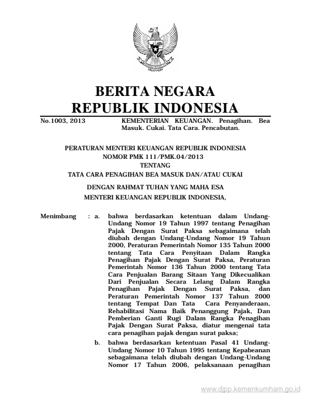 Peraturan Menteri Keuangan Nomor 111/PMK.04/2013