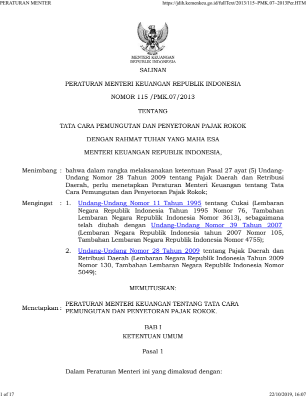 Peraturan Menteri Keuangan Nomor 115/PMK.07/2013