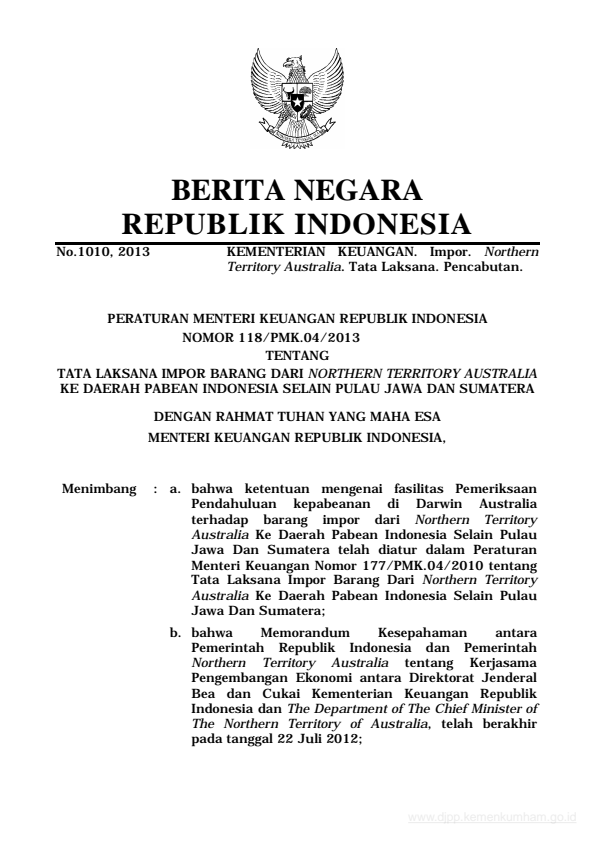 Peraturan Menteri Keuangan Nomor 118/PMK.04/2013