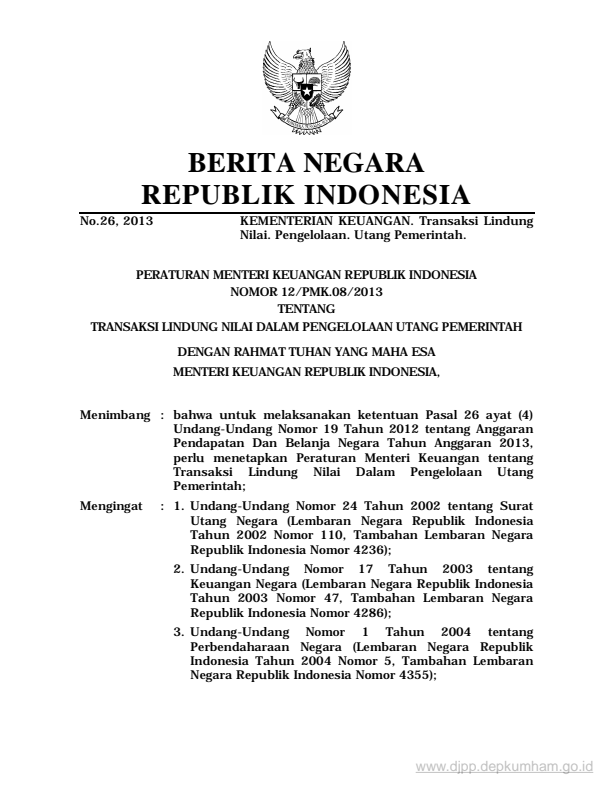 Peraturan Menteri Keuangan Nomor 12/PMK.08/2013