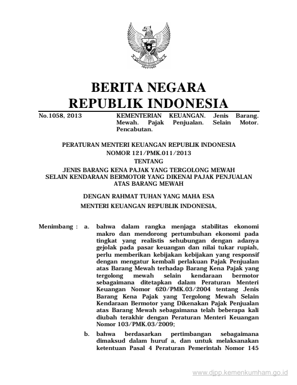 Peraturan Menteri Keuangan Nomor 121/PMK.011/2013