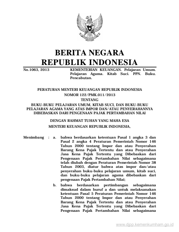 Peraturan Menteri Keuangan Nomor 122/PMK.011/2013