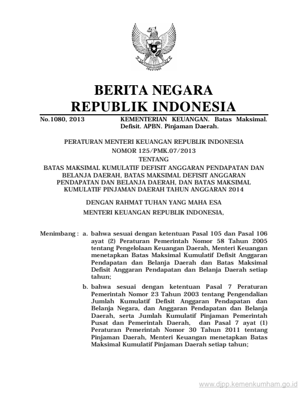 Peraturan Menteri Keuangan Nomor 125/PMK.07/2013