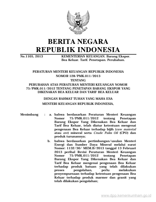 Peraturan Menteri Keuangan Nomor 128/PMK.011/2013
