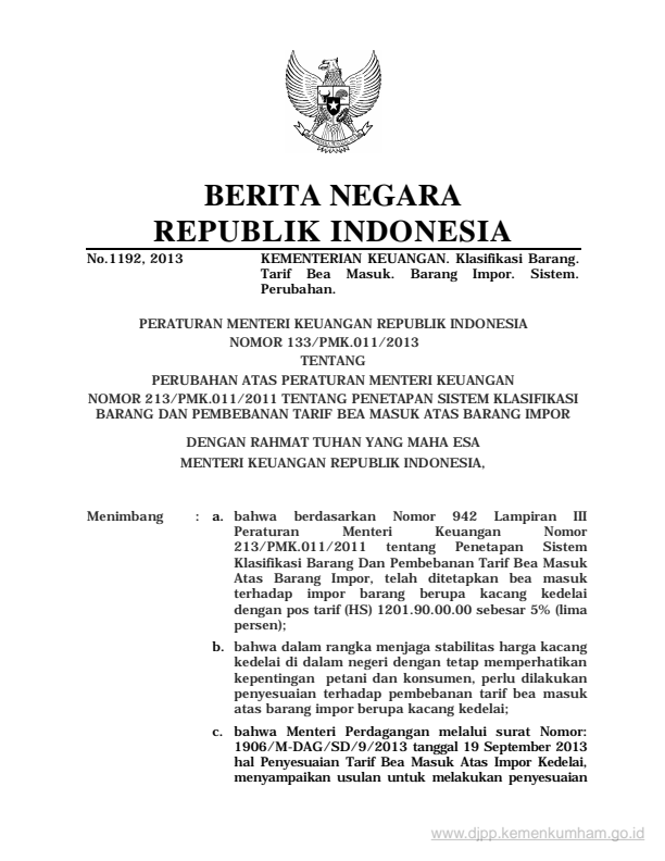 Peraturan Menteri Keuangan Nomor 133/PMK.011/2013