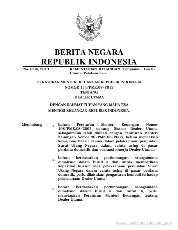 Peraturan Menteri Keuangan Nomor 134/PMK.08/2013