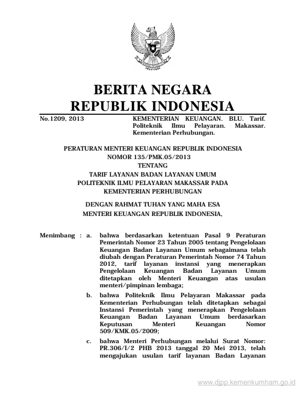 Peraturan Menteri Keuangan Nomor 135/PMK.05/2013