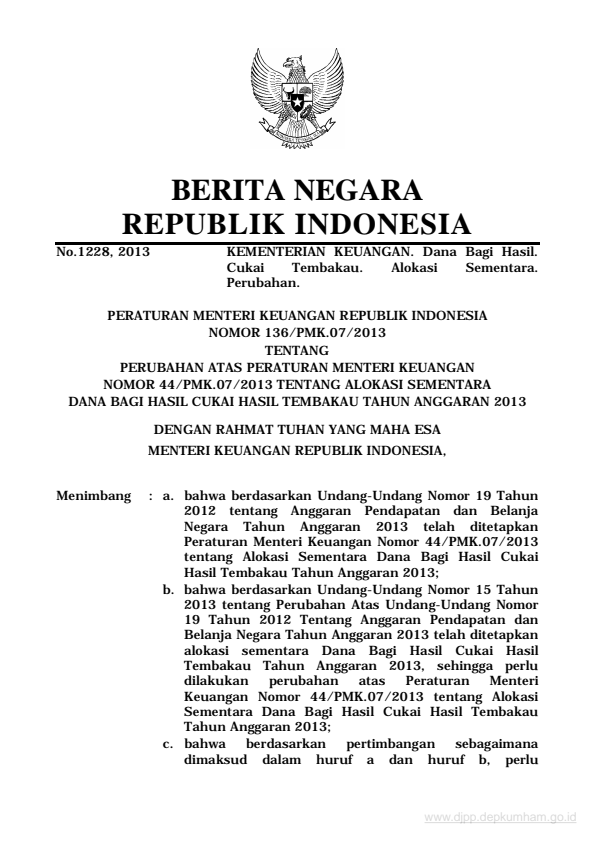 Peraturan Menteri Keuangan Nomor 136/PMK.07/2013