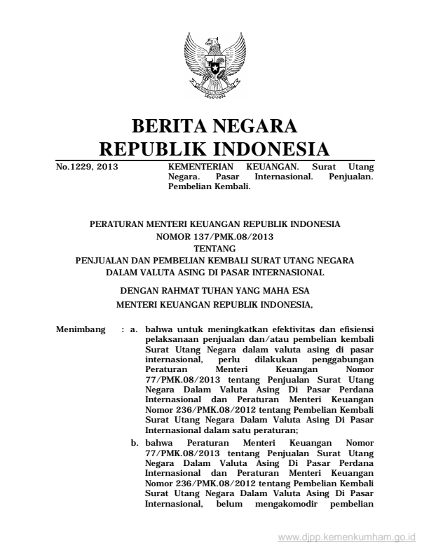 Peraturan Menteri Keuangan Nomor 137/PMK.08/2013