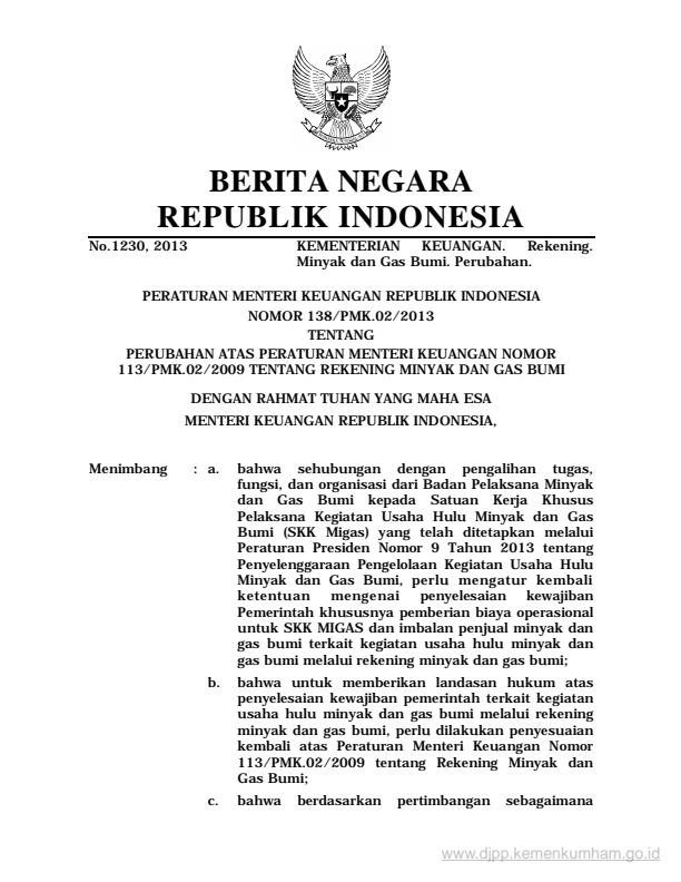 Peraturan Menteri Keuangan Nomor 138/PMK.02/2013