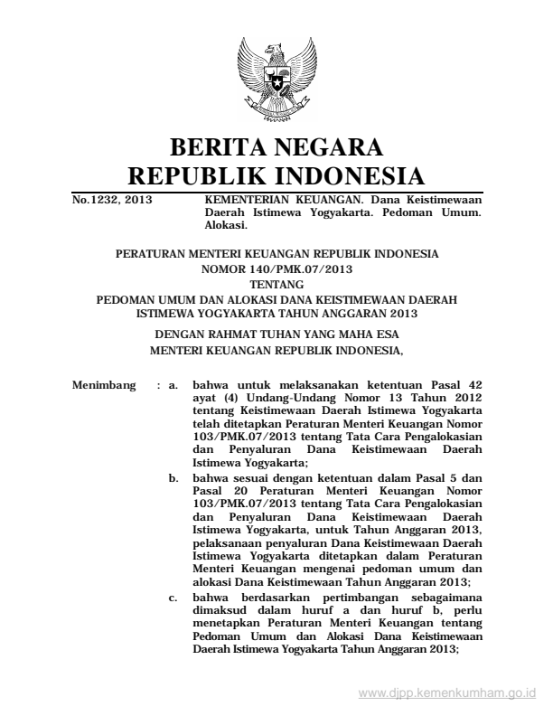 Peraturan Menteri Keuangan Nomor 140/PMK.07/2013