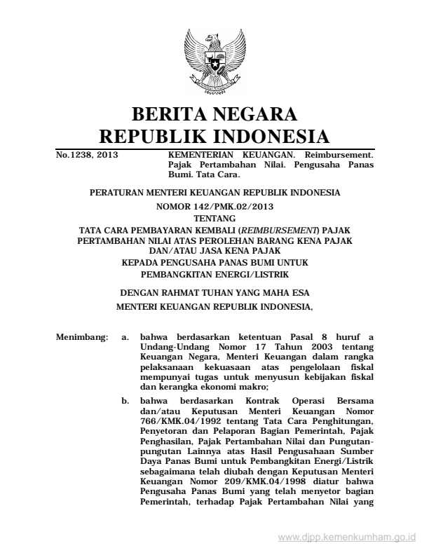 Peraturan Menteri Keuangan Nomor 142/PMK.02/2013