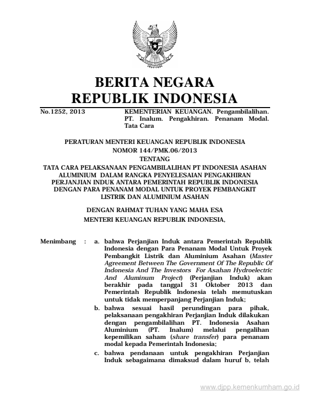 Peraturan Menteri Keuangan Nomor 144/PMK.06/2013