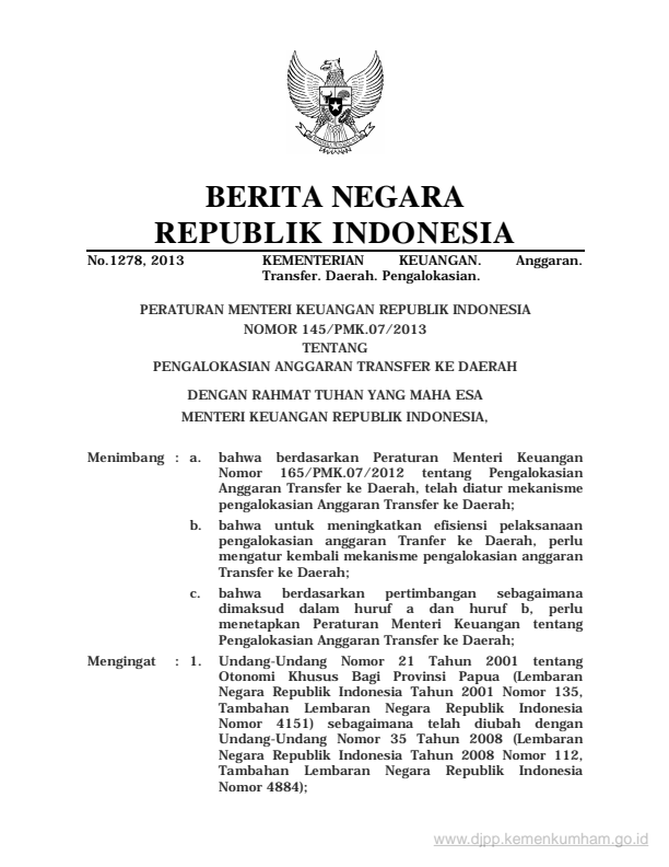 Peraturan Menteri Keuangan Nomor 145/PMK.07/2013