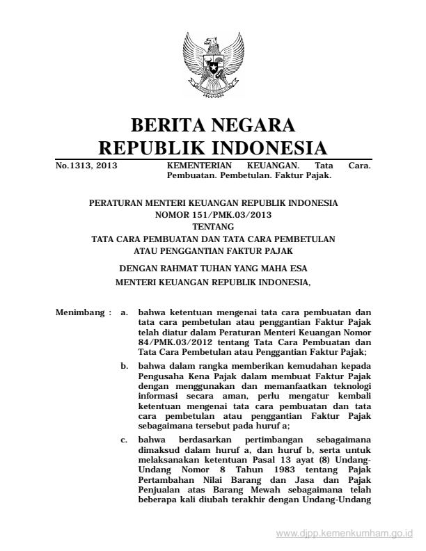 Peraturan Menteri Keuangan Nomor 151/PMK.03/2013