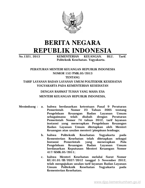 Peraturan Menteri Keuangan Nomor 152/PMK.05/2013