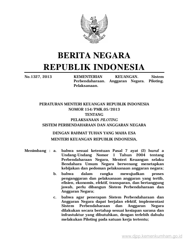 Peraturan Menteri Keuangan Nomor 154/PMK.05/2013