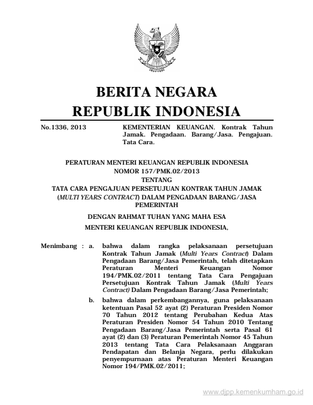 Peraturan Menteri Keuangan Nomor 157/PMK.02/2013