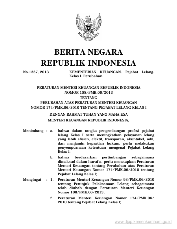 Peraturan Menteri Keuangan Nomor 158/PMK.06/2013