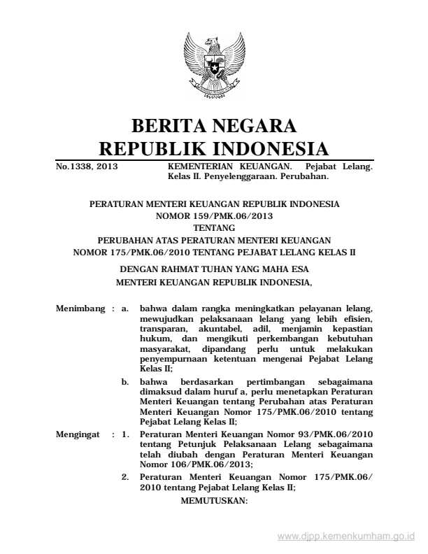 Peraturan Menteri Keuangan Nomor 159/PMK.06/2013