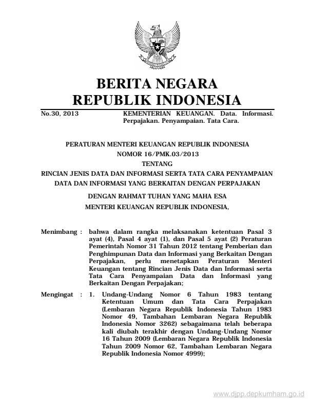 Peraturan Menteri Keuangan Nomor 16/PMK.03/2013