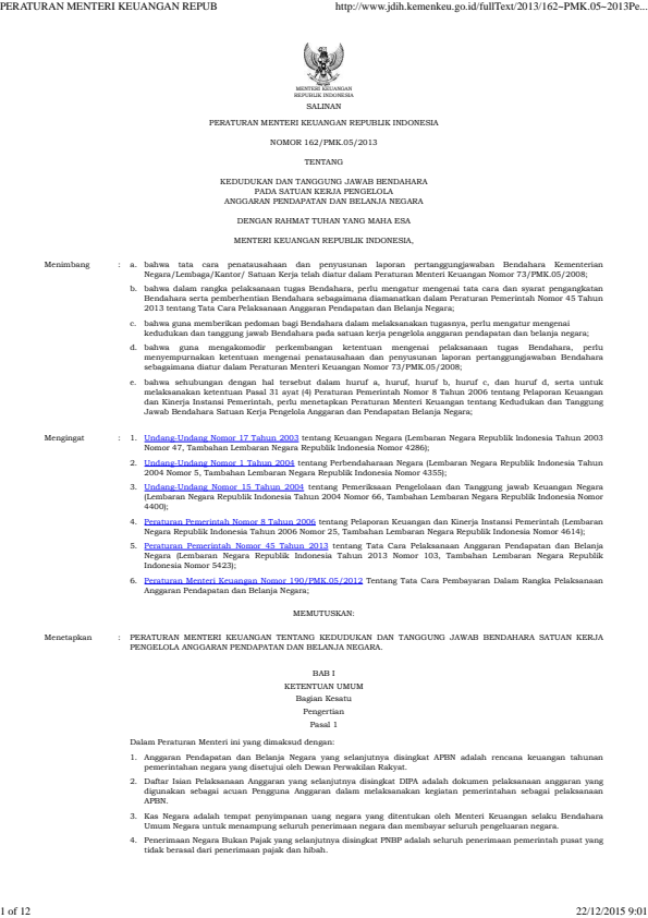 Peraturan Menteri Keuangan Nomor 162/PMK.05/2013