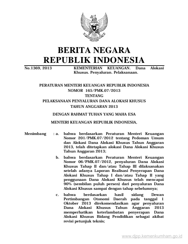 Peraturan Menteri Keuangan Nomor 165/PMK.07/2013