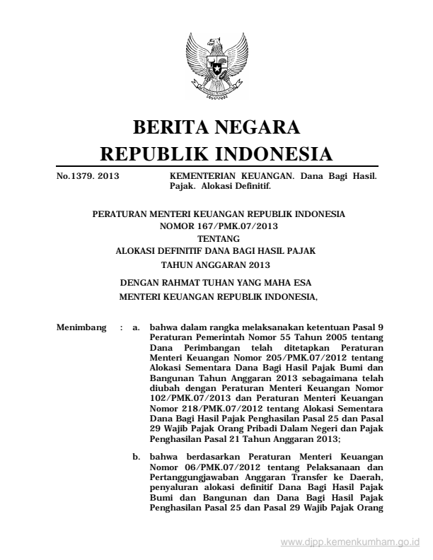 Peraturan Menteri Keuangan Nomor 167/PMK.07/2013