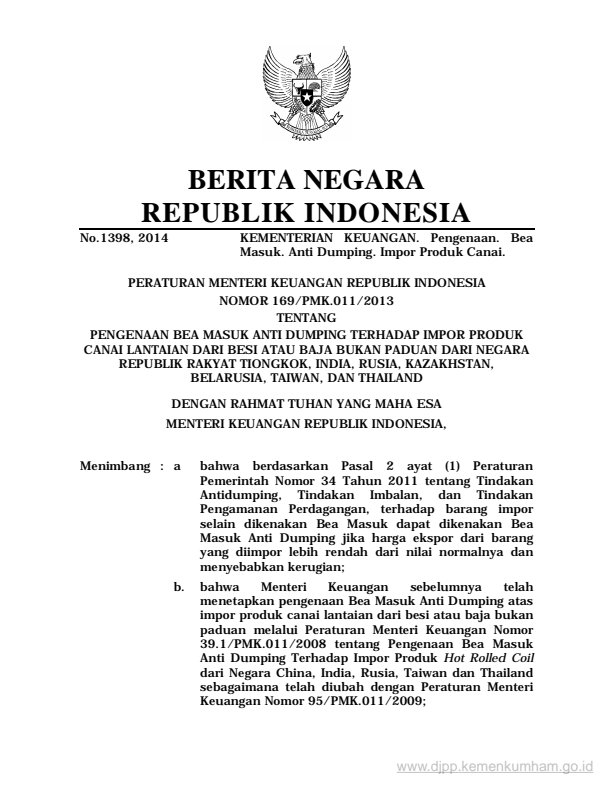 Peraturan Menteri Keuangan Nomor 169/PMK.011/2013