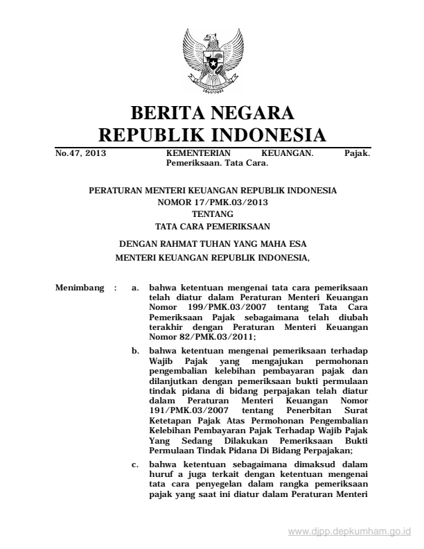Peraturan Menteri Keuangan Nomor 17/PMK.03/2013