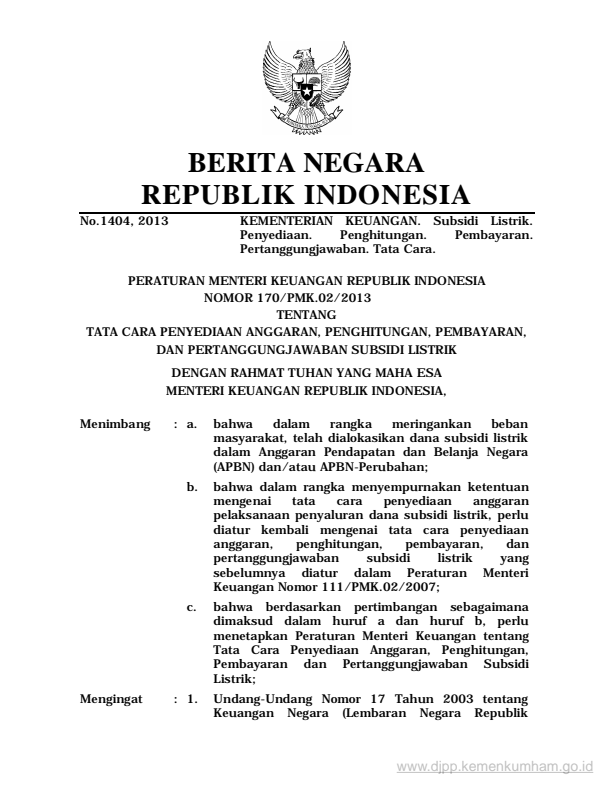 Peraturan Menteri Keuangan Nomor 170/PMK.02/2013