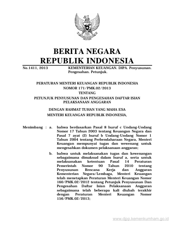 Peraturan Menteri Keuangan Nomor 171/PMK.02/2013