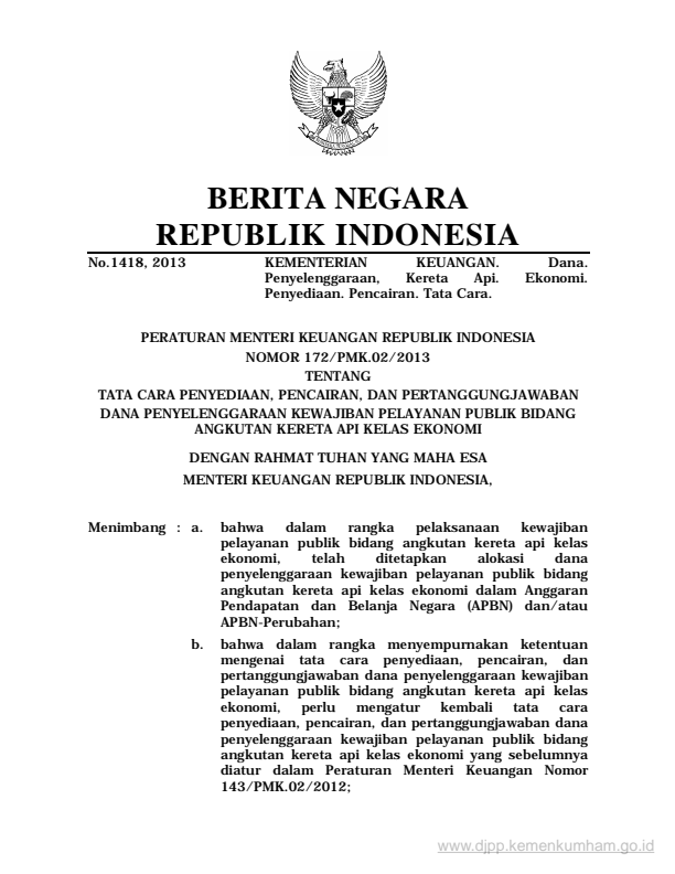 Peraturan Menteri Keuangan Nomor 172/PMK.02/2013