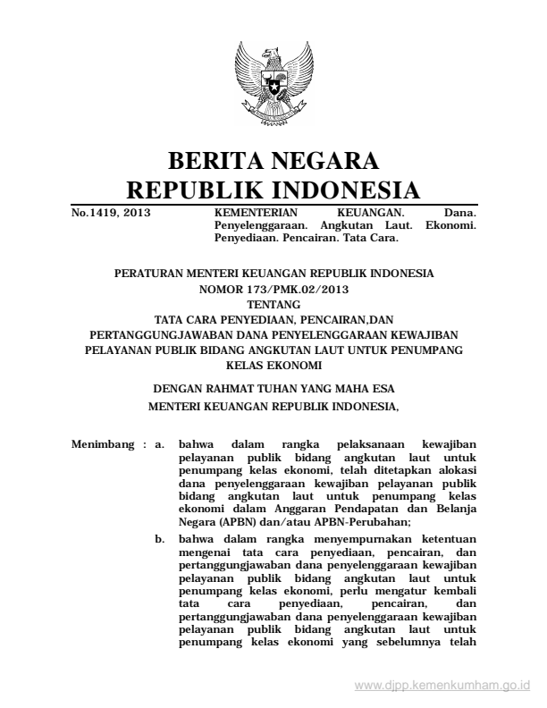 Peraturan Menteri Keuangan Nomor 173/PMK.02/2013